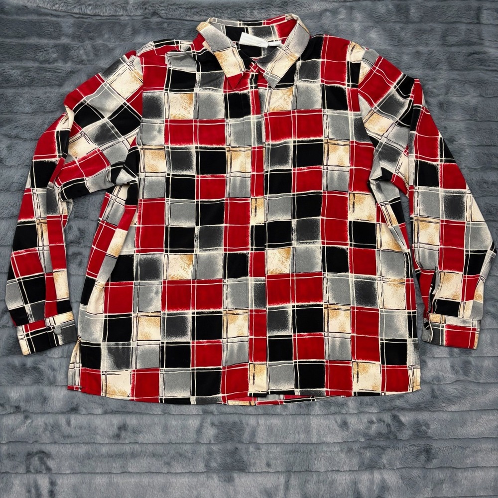 Alfred Dunner Petite Womens 16P Red Black Plaid Geometric Button Down Blouse Top